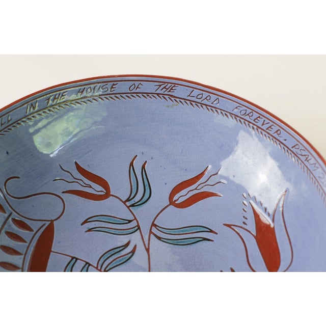 Lavender 1989 Signed Redware Pottery Sgraffito Tulips Bowl For Sale - Image 8 of 14