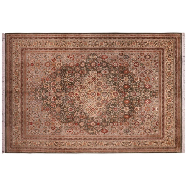 Tan Medallion 1990's Floral Pak-Persian Green/Tan Wool Rug - 9'1'' X 12'2'' For Sale - Image 8 of 9