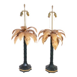 A Pair Vintage Design Handmade Golden Palm Tree Table Lamp For Sale