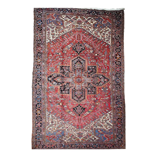 Vintage Oversize Heriz Rug, Hand-Knotted Geometric Pattern, Red & Ivory, 11’ X 19’ For Sale