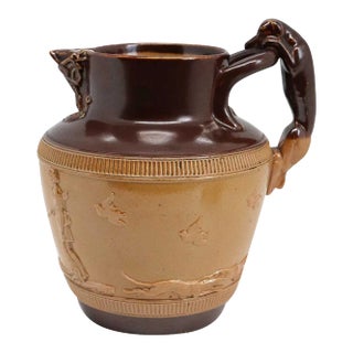English Attributed to Doulton Lambeth Stoneware Pottery Hound Handle Hunting Pitcher For Sale
