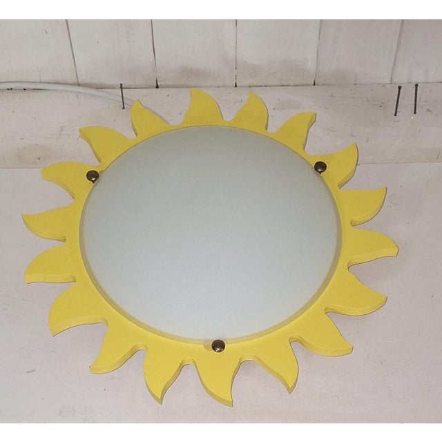 Vintage Ceiling Lamp with Matte White Glass Shade on Metal Mount with a Yellow Sunburst Frame by Zikoli, 2000s For Sale - Image 4 of 8