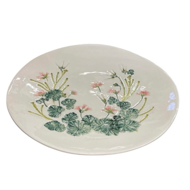 Coastal Vintage Botanical Pelargonium Relief Ceramic Platter – Hand-Painted 3d Floral Wall Plate For Sale - Image 3 of 12