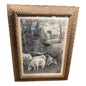 19th Century John Brightman-Crockett Cattle Grazing Pencil Drawing