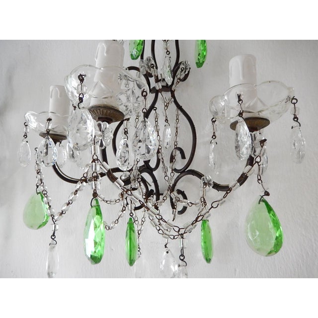 Glass 1920s Italian Rococo Green Crystal Prisms 3 Light Sconces - a Pair For Sale - Image 7 of 11