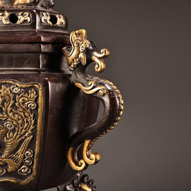 Metal Gilt Bronze Censer With Dragon Handles & Qilin Finial - Incense Burner For Sale - Image 7 of 8