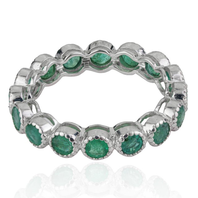 Not Yet Made - Made To Order Certified 2.3 Ct Natural Emerald Milgrain Eternity Wedding / Anniversary Band Ring - Size 7 For Sale - Image 5 of 14