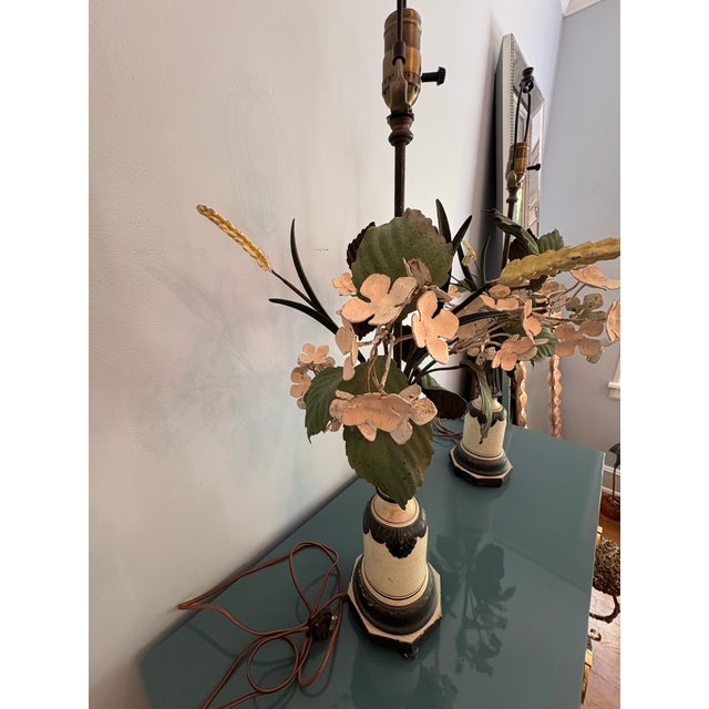 Vintage Italian Tole Flower and Wheat Lamps, a Pair For Sale - Image 6 of 11