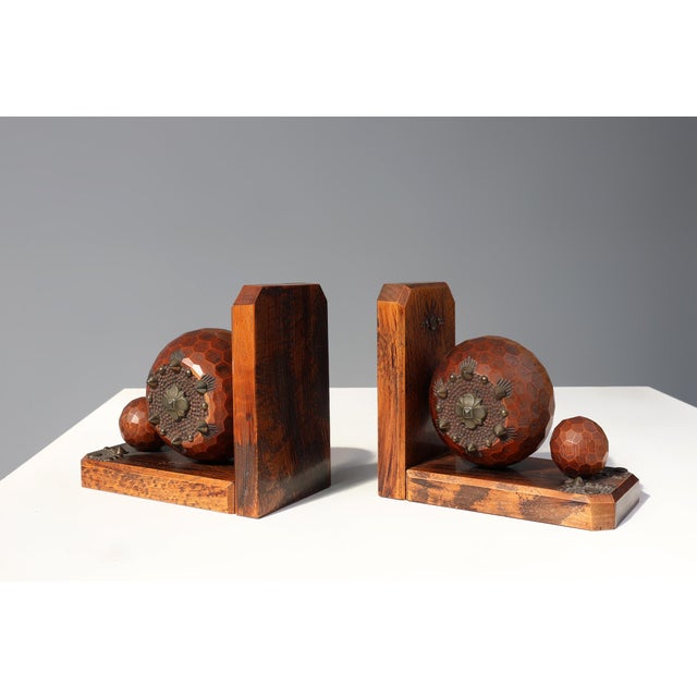 Art Deco Faceted Ball Bookends in Oak with Metal Decorations, 1920, Set of 2 For Sale - Image 6 of 13