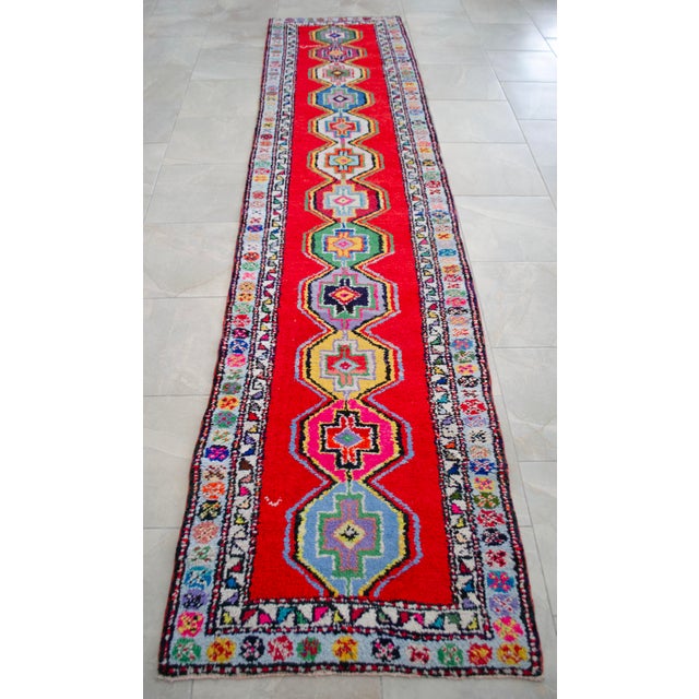 Red Turkish Hand-Knotted Runner Rug Bold Colors Hallway Rug - 2′8″ × 11′9″ For Sale - Image 8 of 14