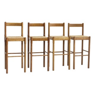 Vintage Ash Bar Stools with Straw Seats attributed to Vico Magistretti for Cassina, Italy, 1960s, Set of 4 For Sale