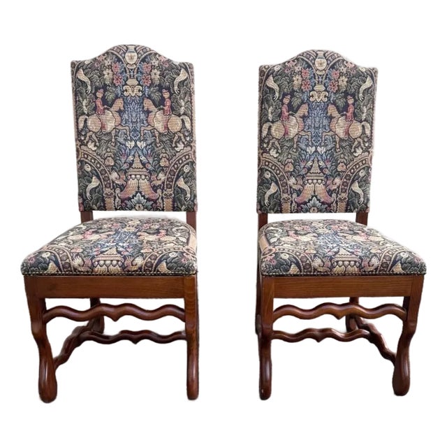 Pair of Vintage French Style Hand Pegged Mutton Leg Tapestry Upholstery Chairs. For Sale