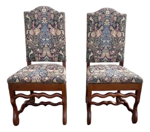Pair of Vintage French Style Hand Pegged Mutton Leg Tapestry Upholstery Chairs.