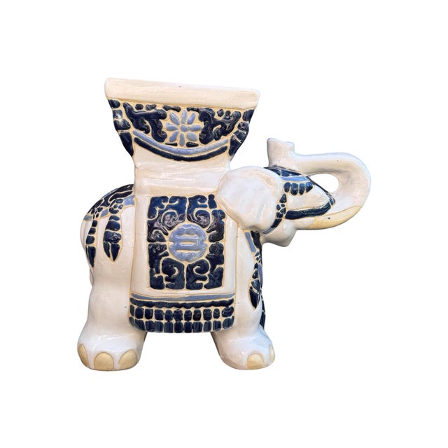 Vintage Hollywood Regency Style Blue and White Ceramic Tabletop Elephant Planter For Sale - Image 4 of 11