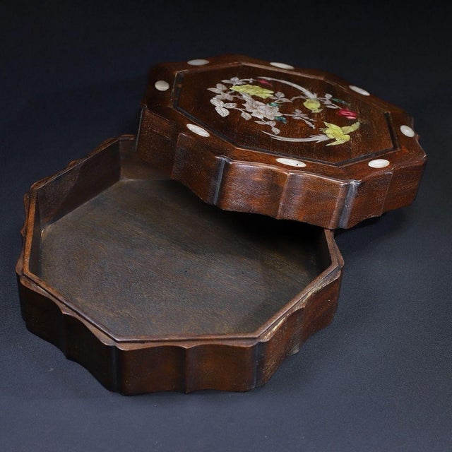 Brown Vintage Rosewood Octagonal Box With Mother-of-Pearl Bird & Floral Inlay For Sale - Image 8 of 10