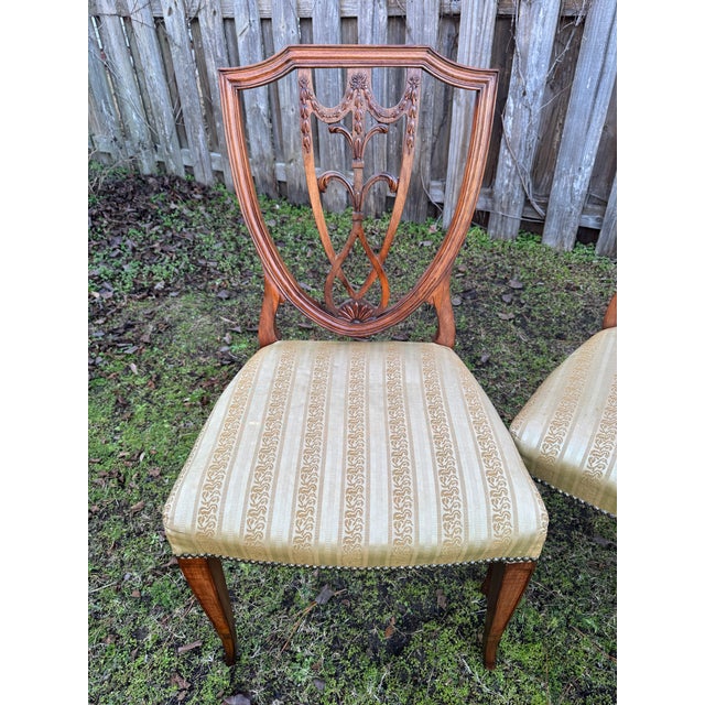 1960s Mahogany Carved Shield-Back Gold Fabric Hepplewhite Chairs - Set of 4 For Sale - Image 4 of 12