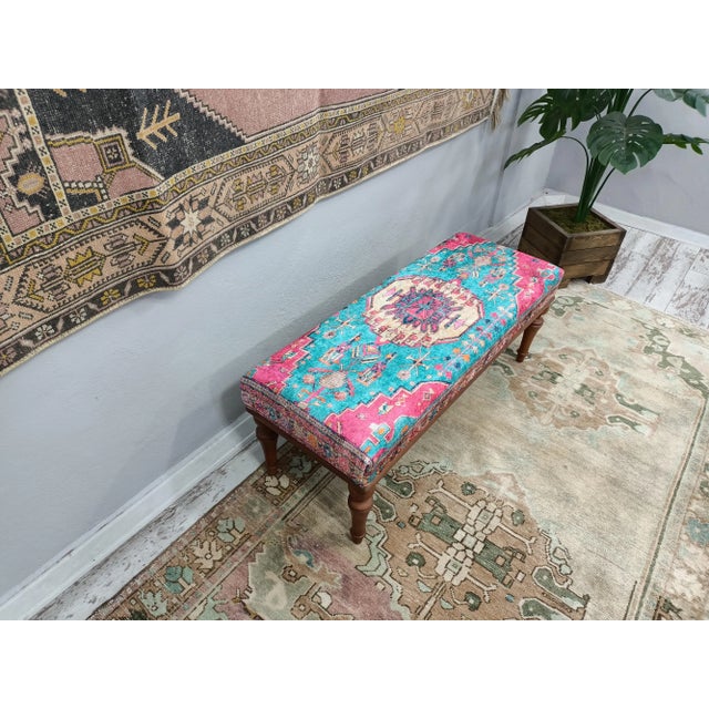 2020s Bohemian Rug Print Fabric Upholstered Handmade Walnut Bench For Sale - Image 5 of 13