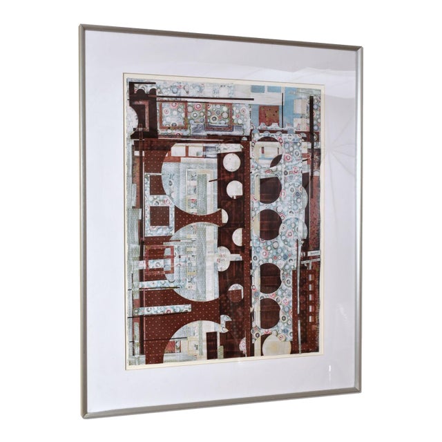 Kathleen Bridges Contemporary Burgundy Blue Geometric Pattern Paper Collage For Sale