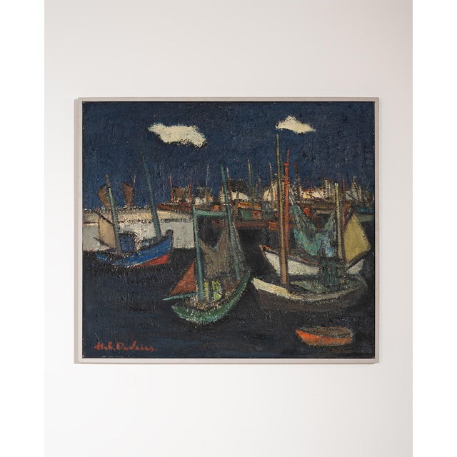 Hubert Henri de Vries, Boats in the Harbor, Antwerp, 1960s, Oil on Canvas For Sale - Image 9 of 9