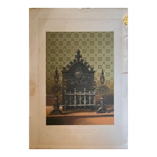Antique Victorian Gothic Revival Chromolithograph "A Grate & Fire Dogs" by C. Jeakes & Co. London, C. 1865 For Sale