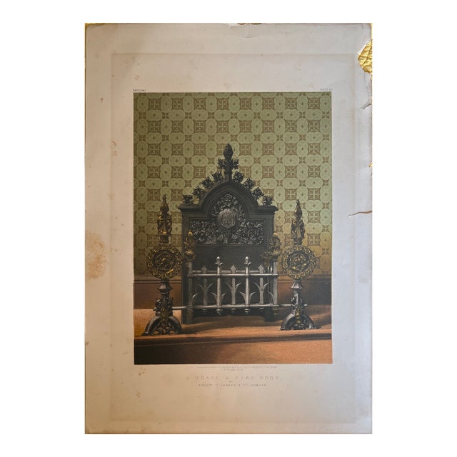 Antique Victorian Gothic Revival Chromolithograph "A Grate & Fire Dogs" by C. Jeakes & Co. London, C. 1865 For Sale