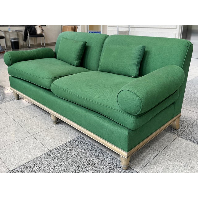 Wood Custom Carved Oak & Green Linen Sofa by Steven Gambrel For Sale - Image 7 of 18
