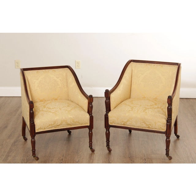 High Quality Antique Sheraton Style Set of Two His And Her's Solid Rosewood Carved Frame Club Armchairs with Custom...