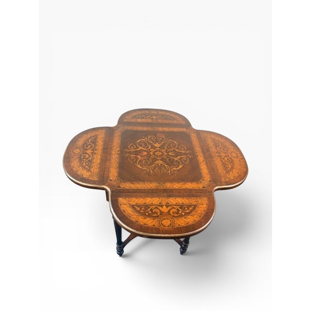 Wood Antique Napoleon III Style Marquetry Clover Form Expandable Occasional Table by Pitkin & Brooks, Chicago For Sale - Image 7 of 17