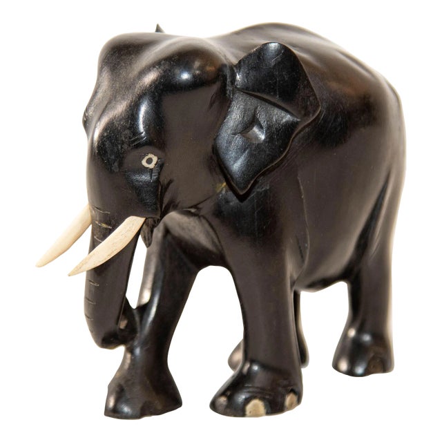 Anglo Indian Elephant Ebony Wood Hand Carved Sculpture For Sale