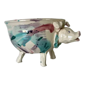 80's Vintage Pig - Shape Artistic Pottery Bowl , Signed