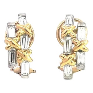 Diamond Curved Huggie Earrings 18k Two Tone Gold X Design, 2 pieces For Sale
