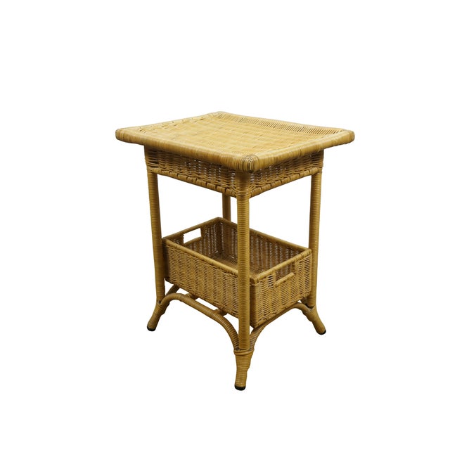Vintage 20th century wicker end / accent table - rectangular top with apron, four legs and basket that fits on the lower...