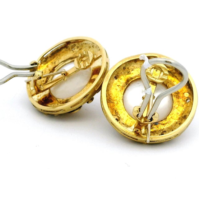 Gold Italian 18k Gold Mabe Pearl & Diamond Earrings, Circa 1980, Pair For Sale - Image 8 of 13