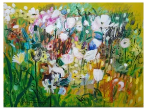Uldis Krauze, Bright Flowers in the Garden, Oil on Cardboard