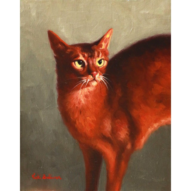 This oil painting captures the striking presence of a red cat, its fur rendered in rich, warm tones that create a sense of...