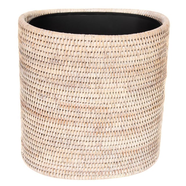 Wood Artifacts Rattan Oval Waste Basket with Metal Liner in White Wash - 11" For Sale - Image 7 of 7