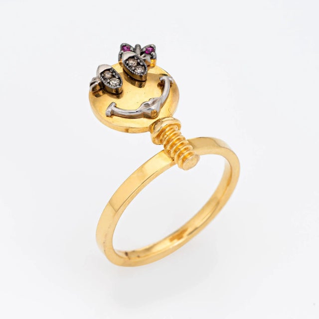 Contemporary Sally Sohn Happy Face Signed Diamond Ruby Ring Size 5.25 For Sale - Image 3 of 7