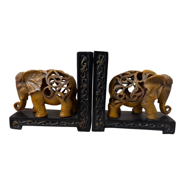 Decorative Hand-Carved Elephant Bookends For Sale