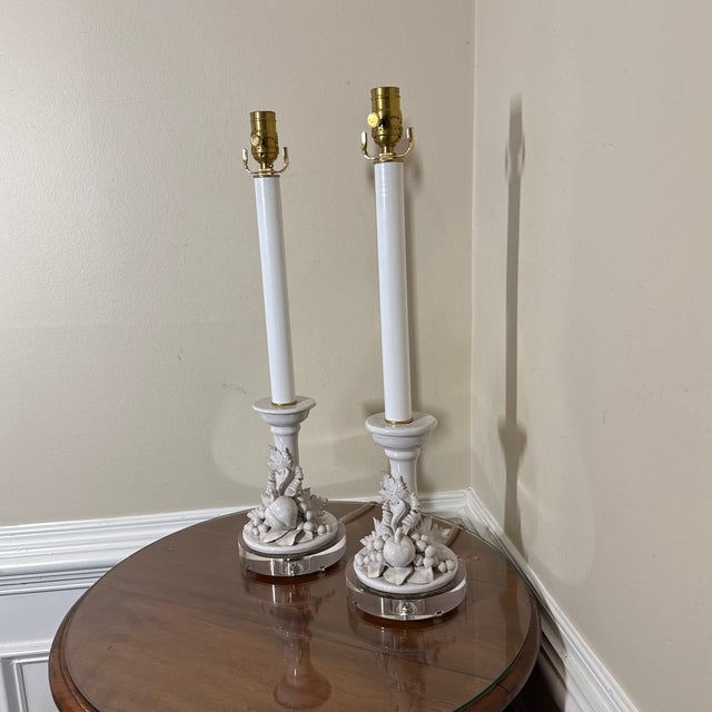 Vintage Italian White Ceramic Fruit Candlestick Table Lamps Acrylic Lucite Base - a Pair For Sale In Atlanta - Image 6 of 7