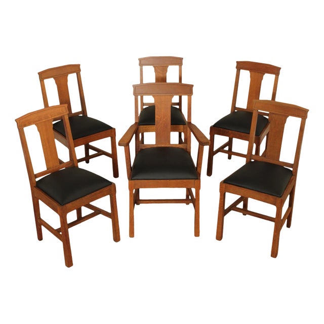 J.K. Rishel Furniture Co. Antique Mission Oak Set Of Six Dining Chairs For Sale
