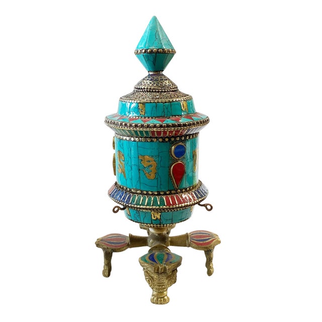 Nepalese Brass W/ Turquoise/Coral/Lapis Stones Table Top Prayer Wheel For Sale - Image 9 of 9