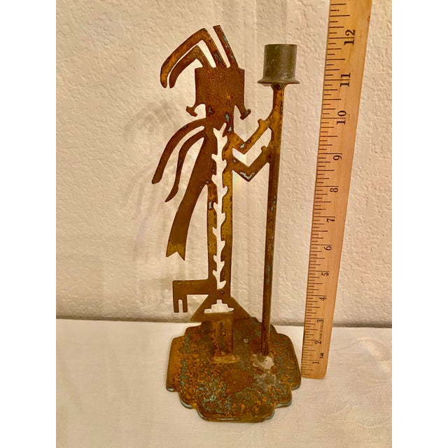 Native American Vintage Native American Tribal Deity Figure Kokopelli Signed Sculptural Patina Metal Candle Holder For Sale - Image 3 of 14