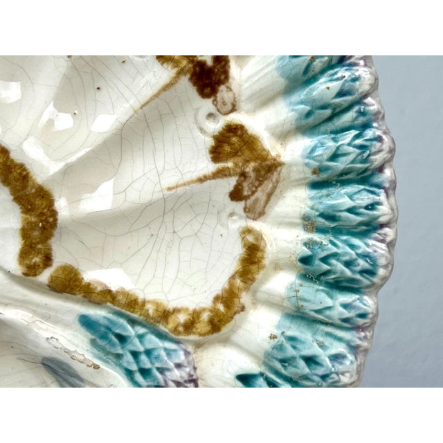 Antique Longchamp Majolica Asparagus Plate: French Barbotine Shell Motif For Sale - Image 13 of 15