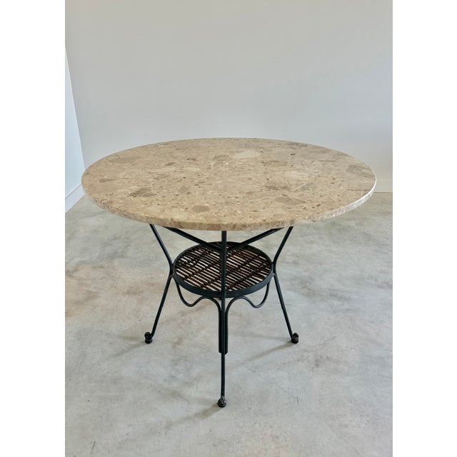 1940s Round Breccia Botticelli Marble Top on Iron Frame Table Inset With Woven Wicker For Sale - Image 5 of 16