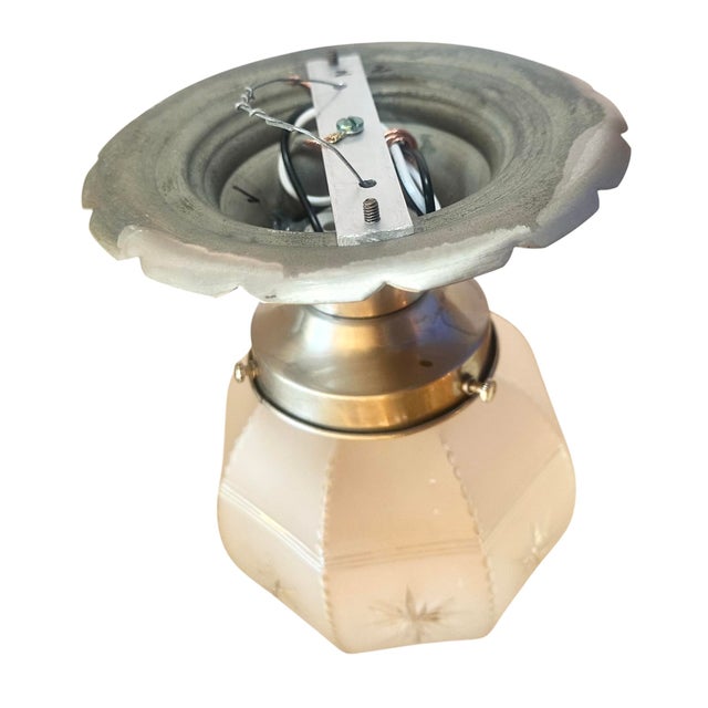 1920s Rare Hexagon Shaded Cutglass Starburst Pattern Flushmount on Original Scalloped Nickel Plated Fixture For Sale - Image 4 of 4