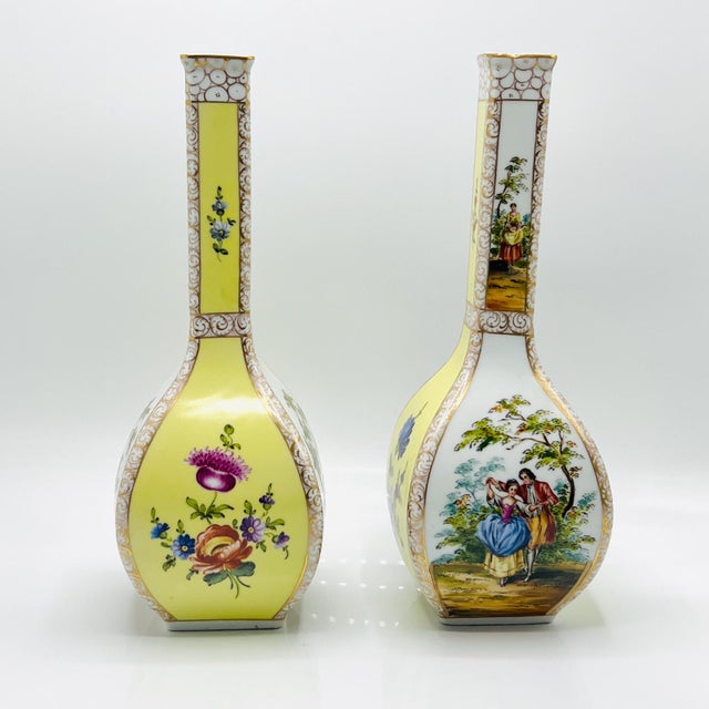 19th Century Large 19th Century Hand-Painted Yellow Ground Watteau Porcelain Vases from Dresden, Set of 2 For Sale - Image 5 of 14