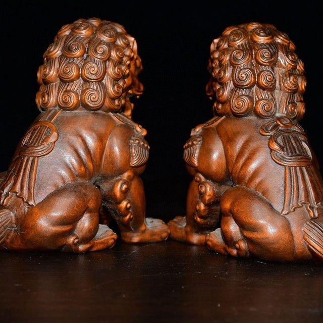 Brown Pair of Vintage Chinese Boxwood Carved Foo Dogs / Guardian Lions For Sale - Image 8 of 9
