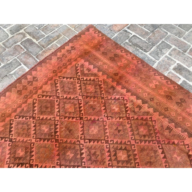 Vintage Overdyed Kilim Area Rug, Handwoven Wool, 6x10, Coral For Sale - Image 11 of 12