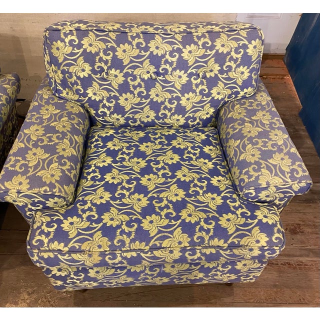 Cornflower Blue Mid 20th Century Blue Shiny & Matt Lime Green Floral Upholstery Club Lounge Chair For Sale - Image 8 of 12