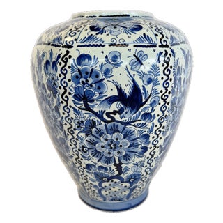 1970s Large Hand-Painted Delft Blue & White Vase With Bird Motif For Sale
